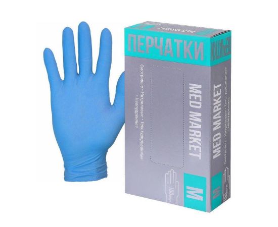 Перчатки нитрил. M Med Market голубые неопудренные,100 шт/упак,(50 пар)